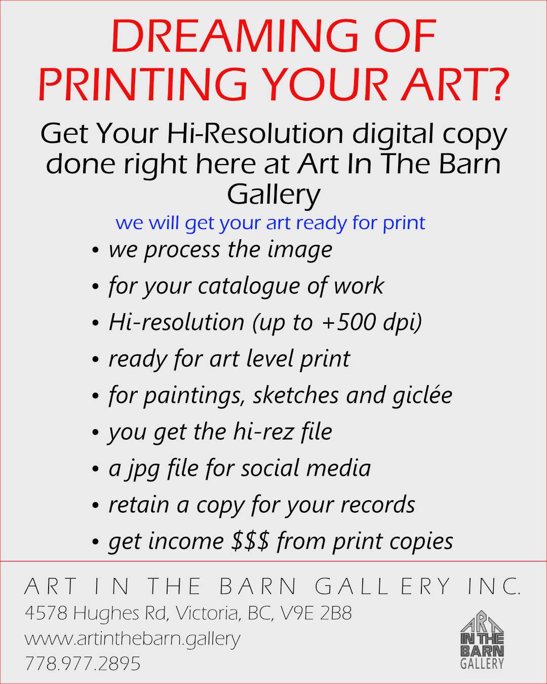 price list for printing your art